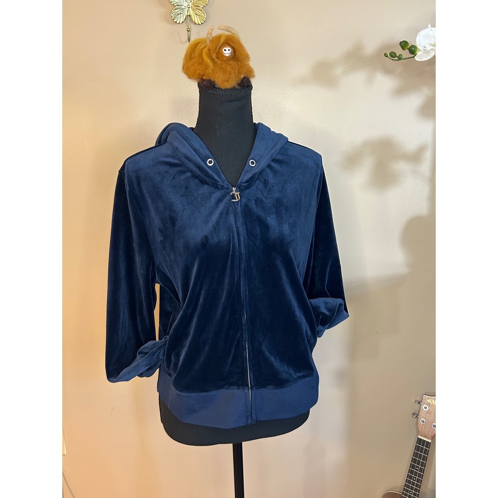 Juicy Couture Navy Blue Velour Rhinestone Logo Zip Up Hoodie Womens Large